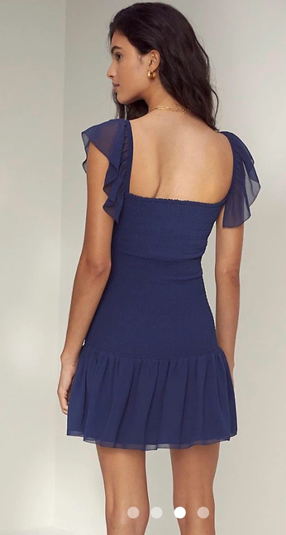 Wilfred Navy Blue Smocked Mini Dress with Ruffle Sleeves - photo 2