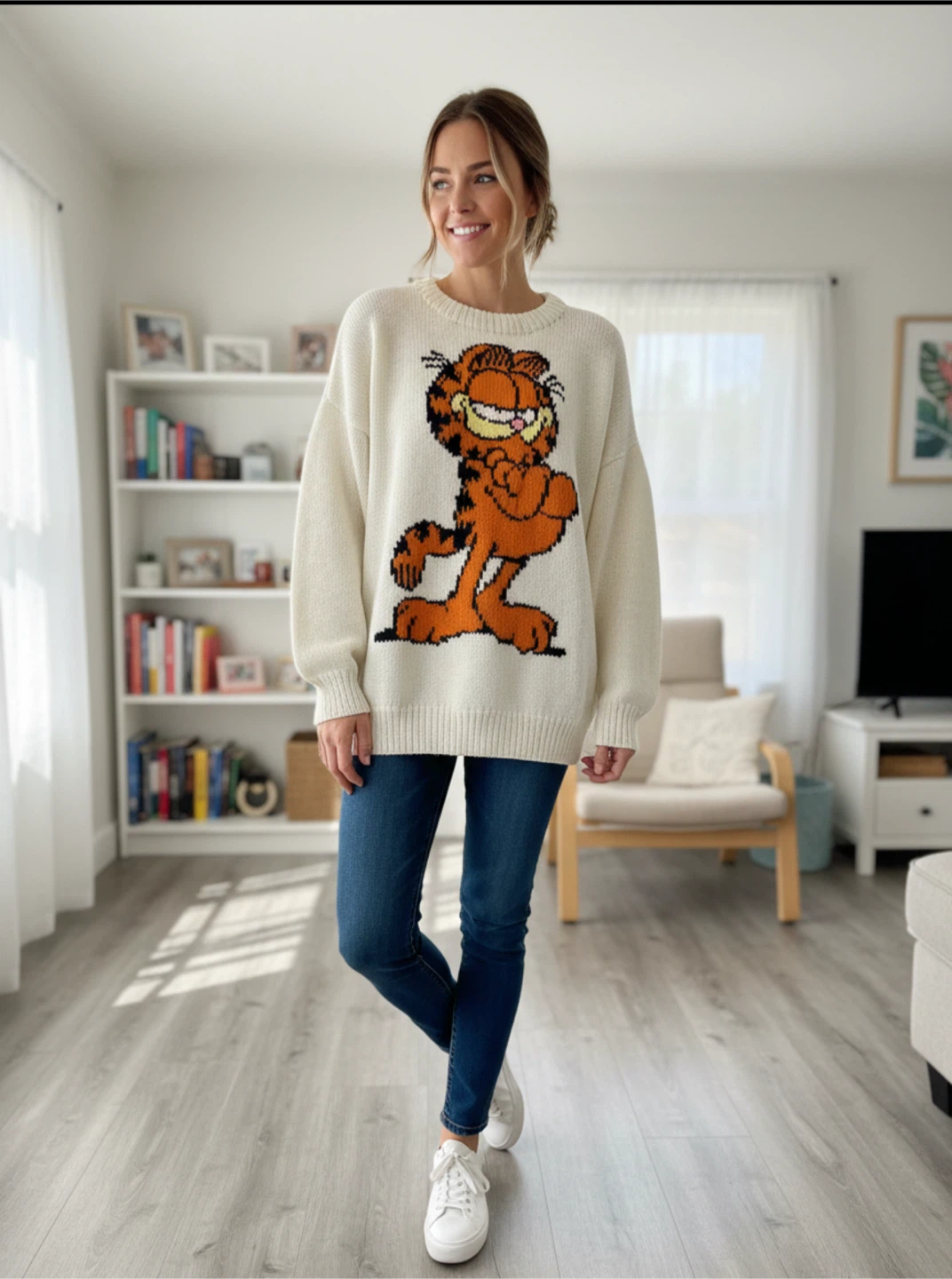 White Garfield Knit Sweater