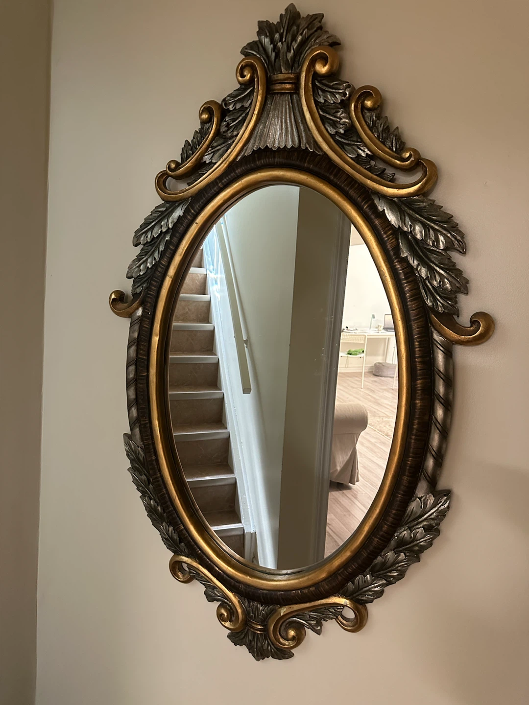 Ornate Oval Wall Mirror with Gold and Silver Frame