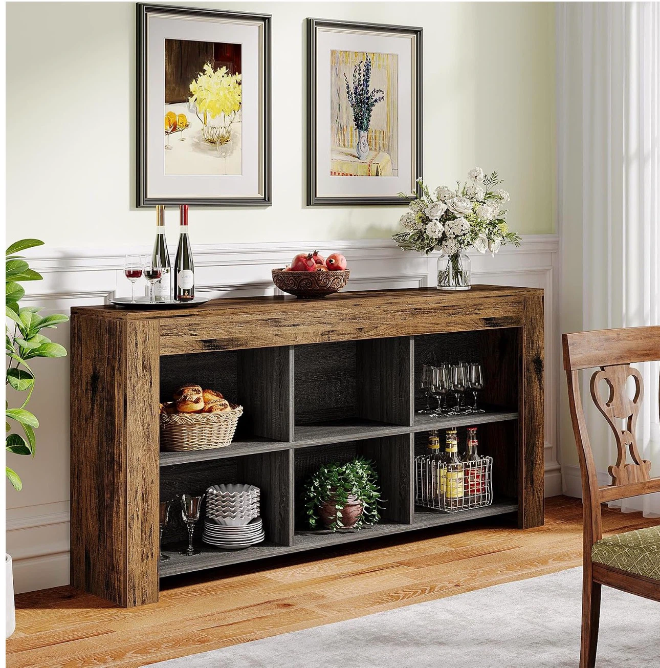 Rustic Brown Console Table with 6 Shelves