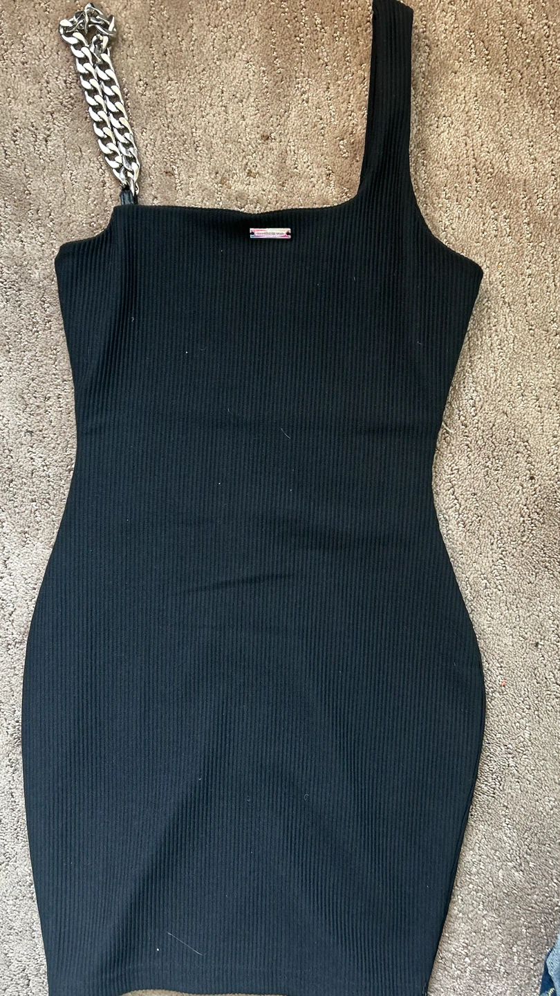 MANIÈRE DE VOIR Black Ribbed Chain Detail Dress Size 6 - photo 3