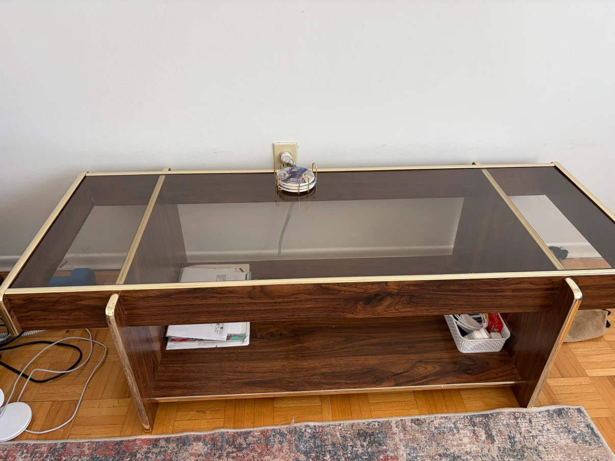 Vintage Coffee Table with Wood and Glass Top