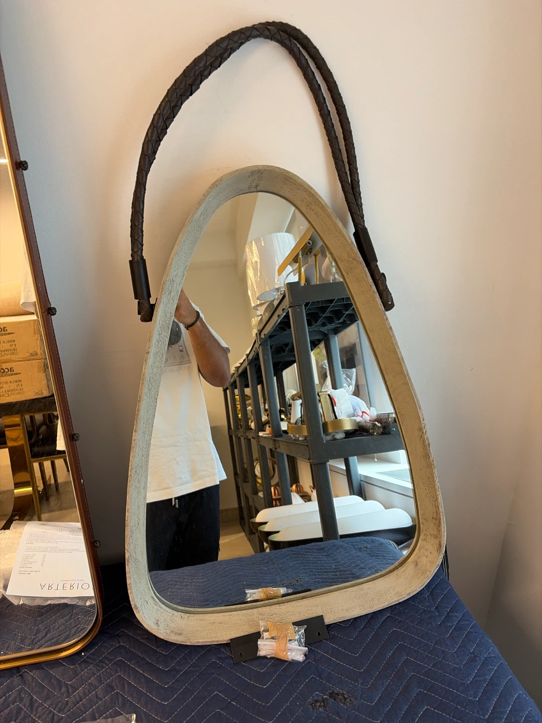 Oval Wood Framed Mirror with Leather Handle