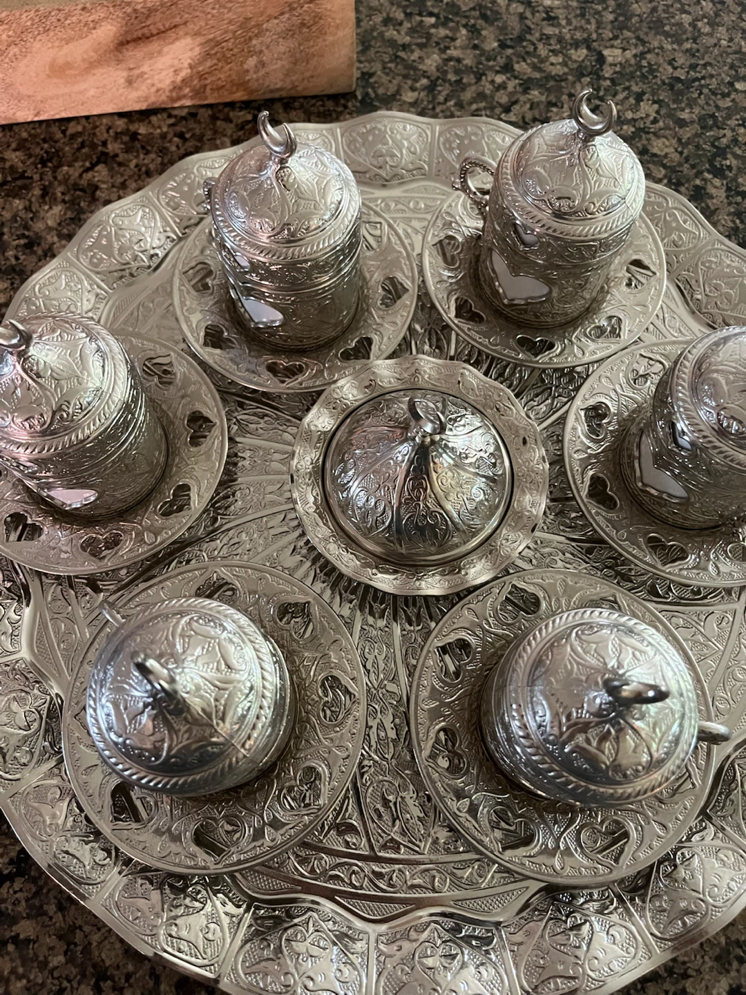 Ornate Silver tone-Coffee Set (serving tray with 6 cups)