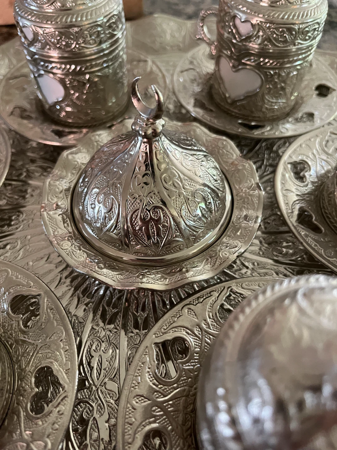 Ornate Silver tone-Coffee Set (serving tray with 6 cups) - photo 4
