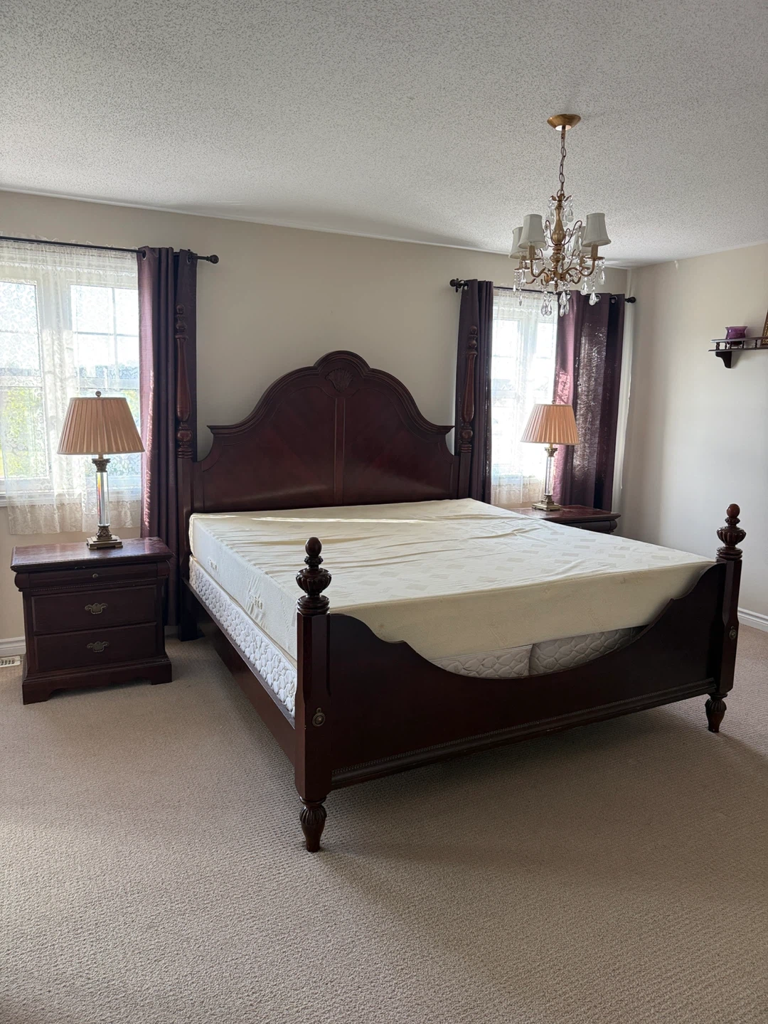 Dark Wood Four-Poster Bed Frame with Dresser, Side Tables