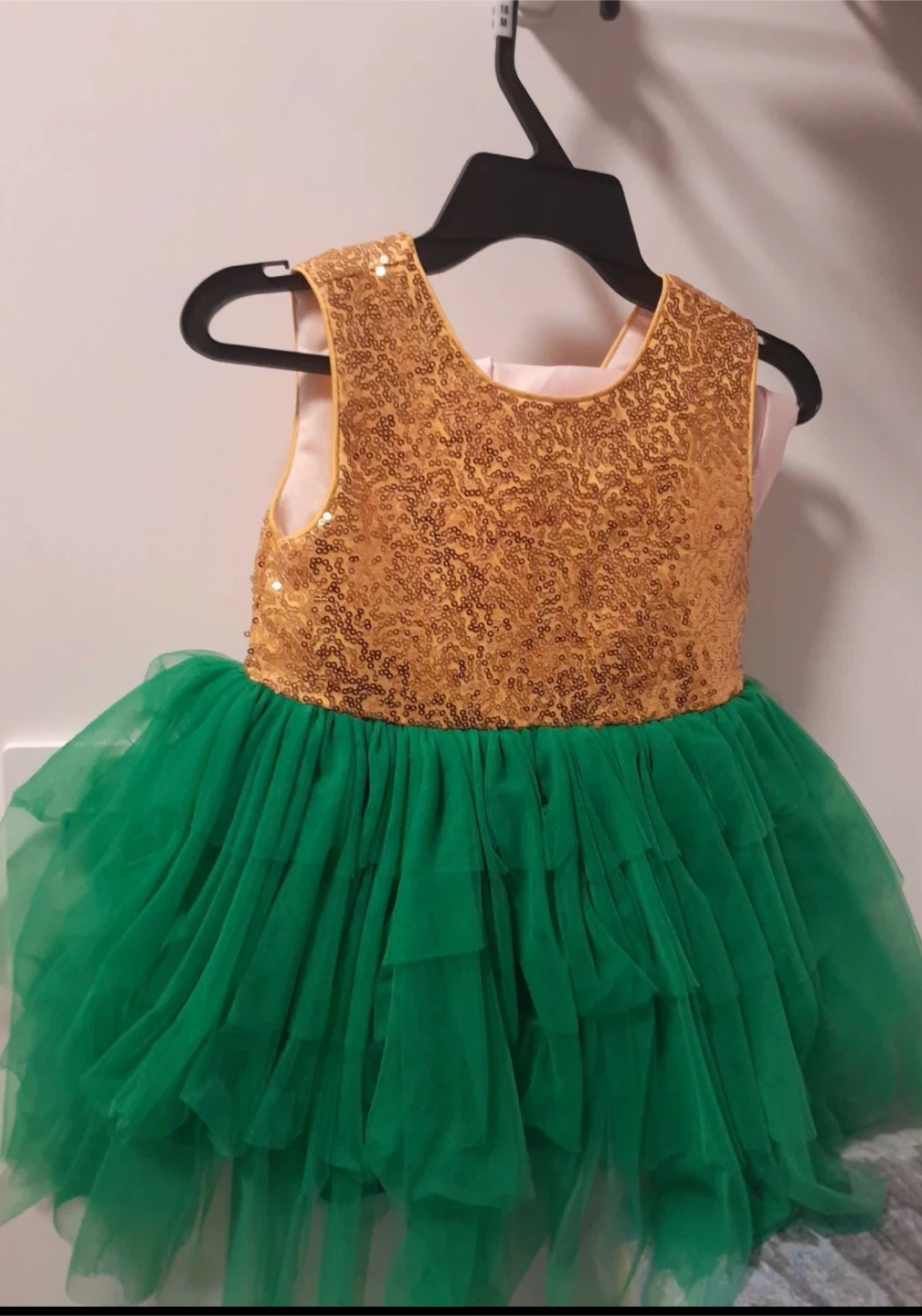 Kids Gold Sequin Dress with Green Tulle Skirt