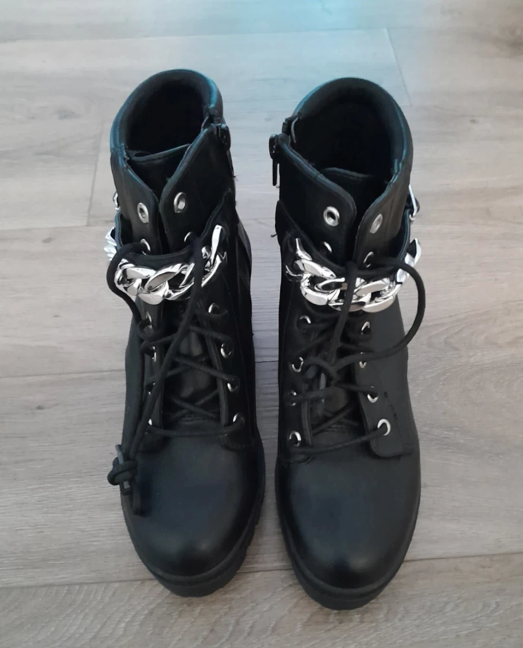 Black Lace-Up Ankle Boots with Chain Detail