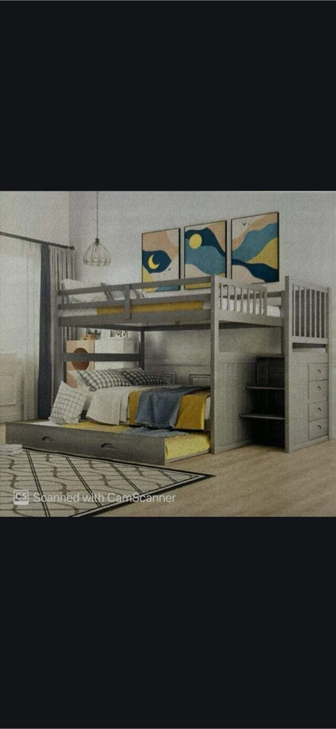 Gray Twin Bunk Bed with Trundle and Storage