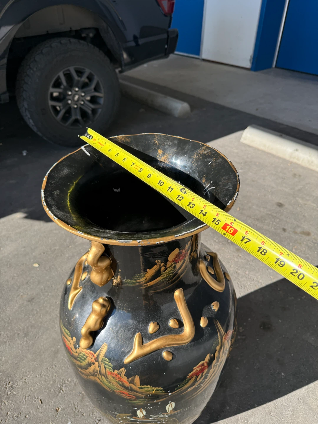 Large Black Decorative Vase with Asian Motif