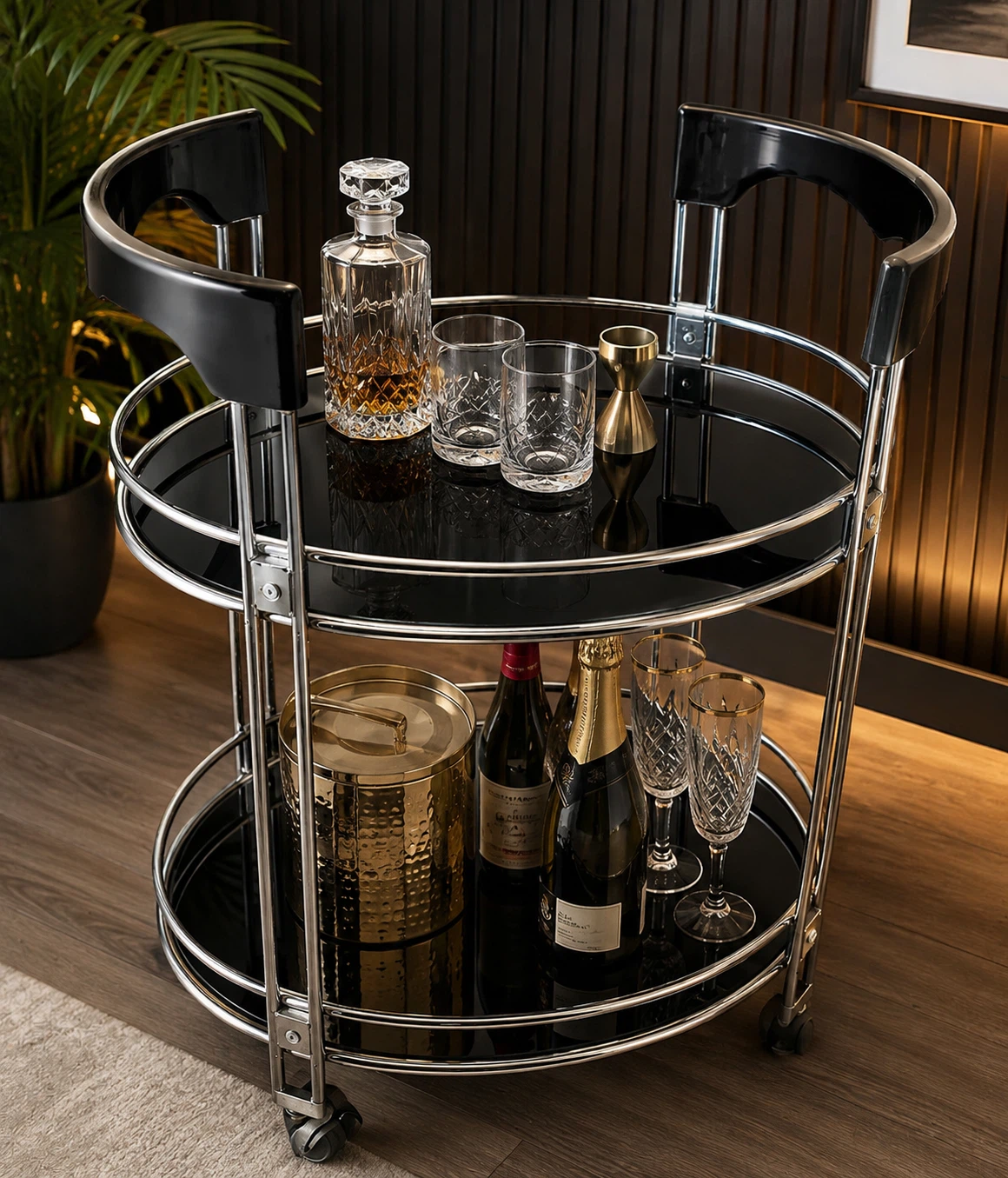 2-Tier Bar Cart with Black Glass Shelves