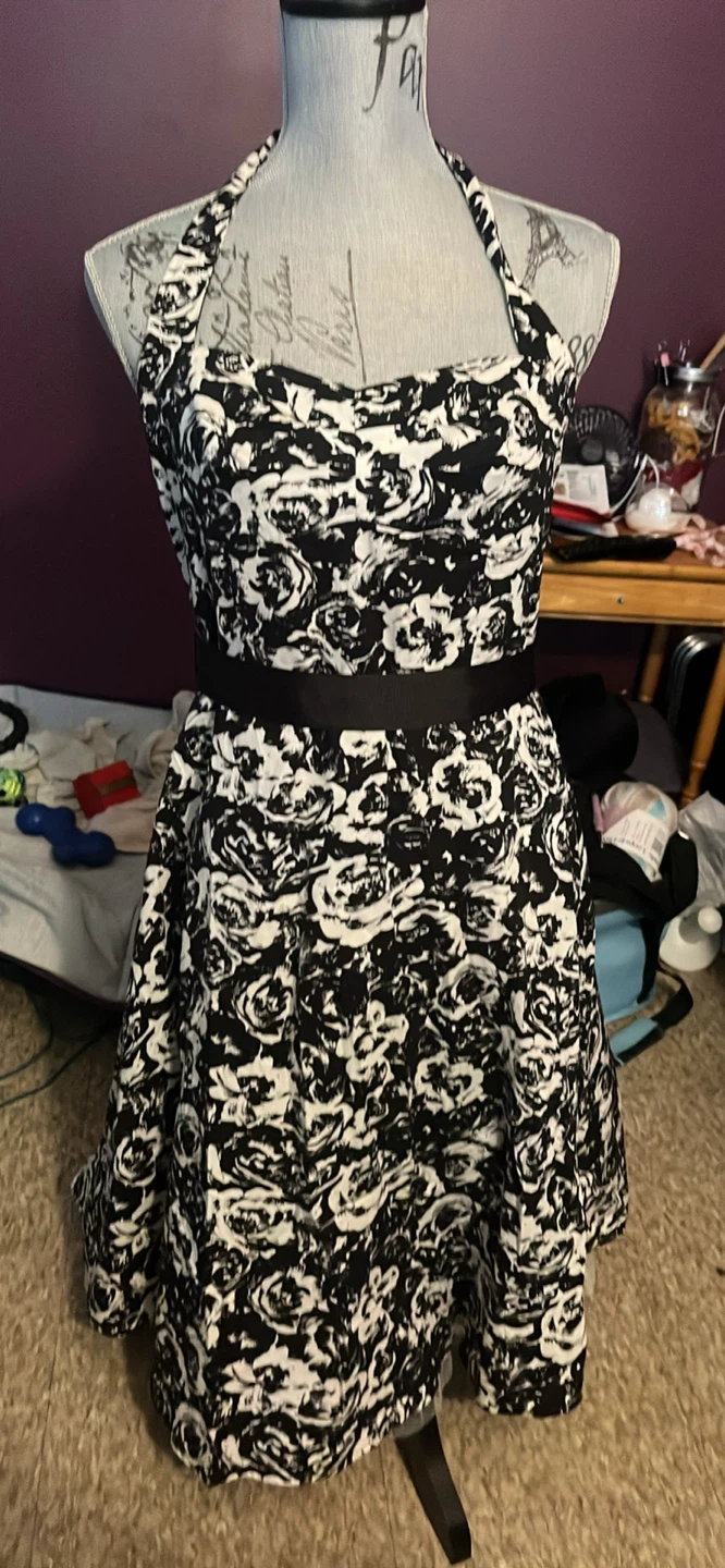 Black and White Floral Halter Dress