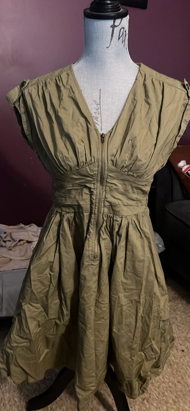 Olive Green Ruched Front Zipper Dress