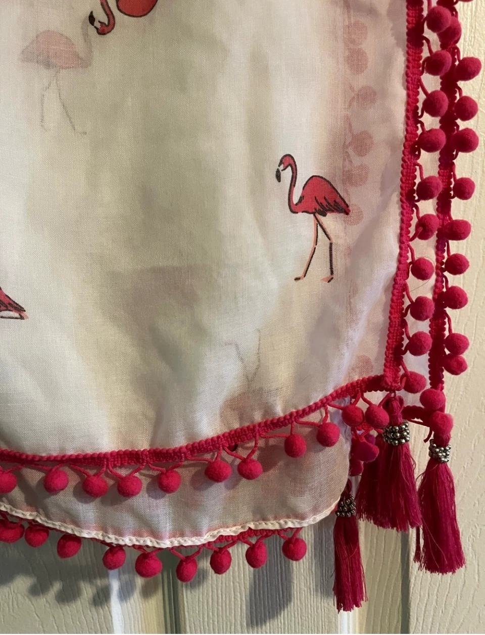 Oversized Flamingo Print Scarf with Pom Pom Trim