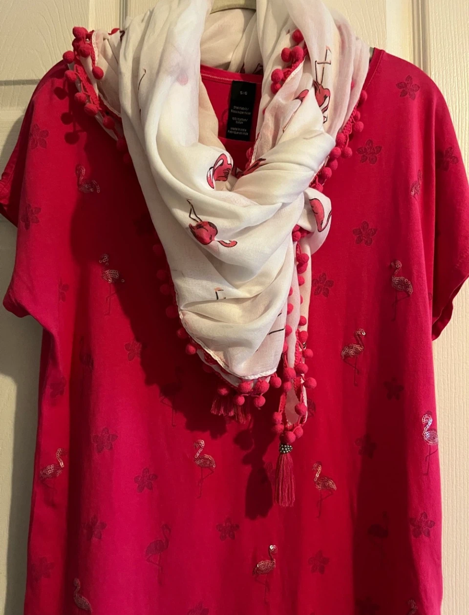 Oversized Flamingo Print Scarf with Pom Pom Trim - photo 3