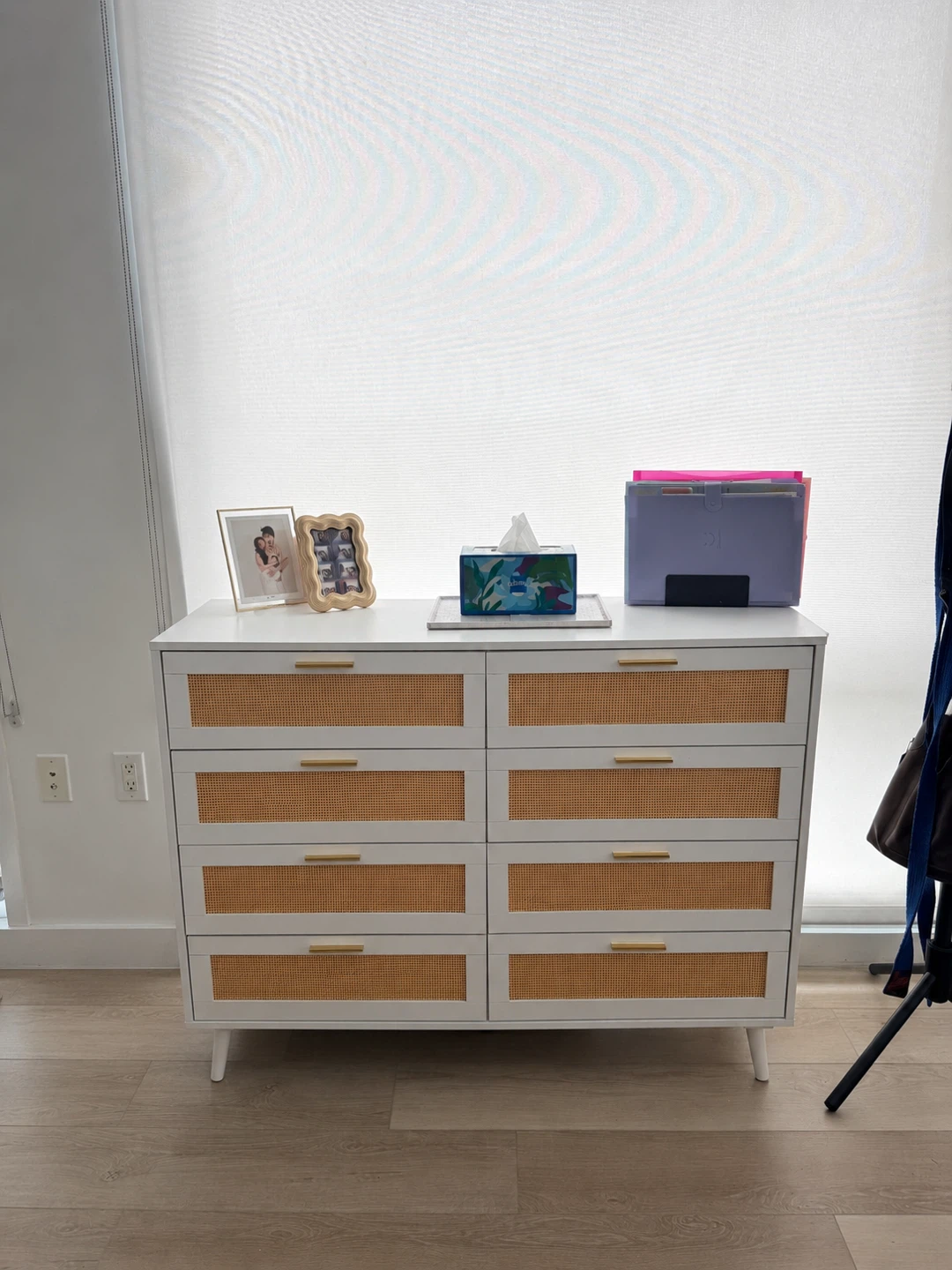 White dresser with cane drawer fronts