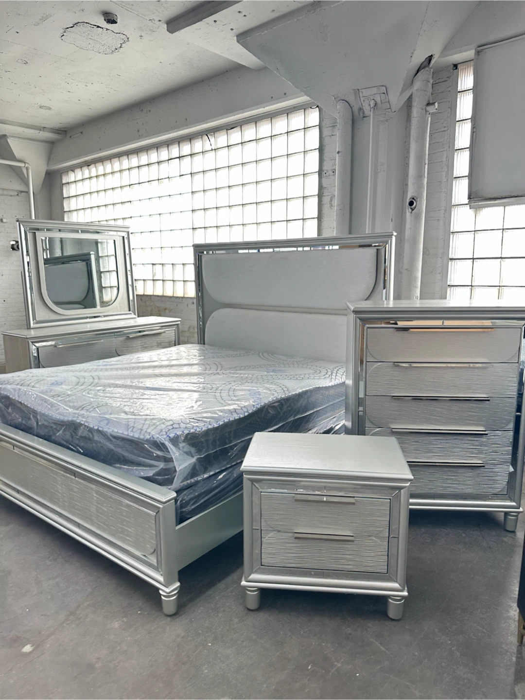 Silver Bedroom Set - Bed frame , Dresser, Mirror, Nightstand