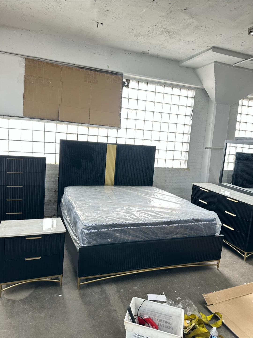 Black Bedroom Set - Dresser, Nightstand, Bed Frame, Mirror