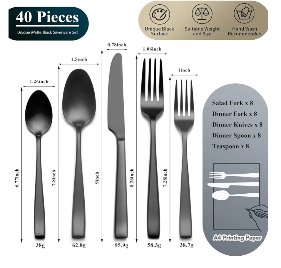 40-Piece Matte Black Stainless Steel Silverware Set - photo 4