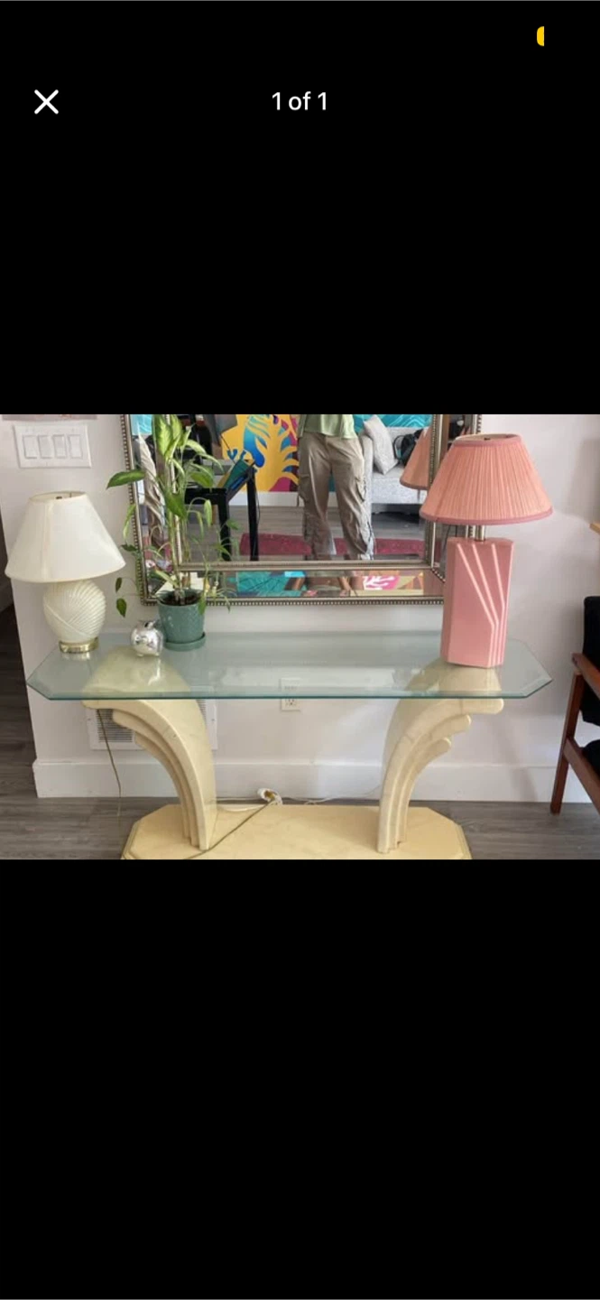 Vintage MCM Glass Top Console Table with Cream Pedestal