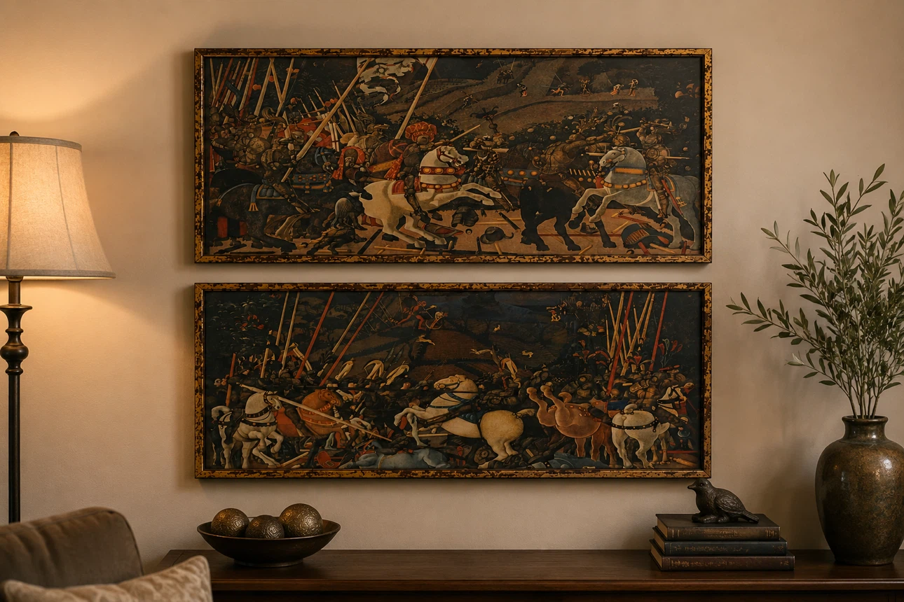 Vintage Framed Battle Scene Art Prints - Set of 2