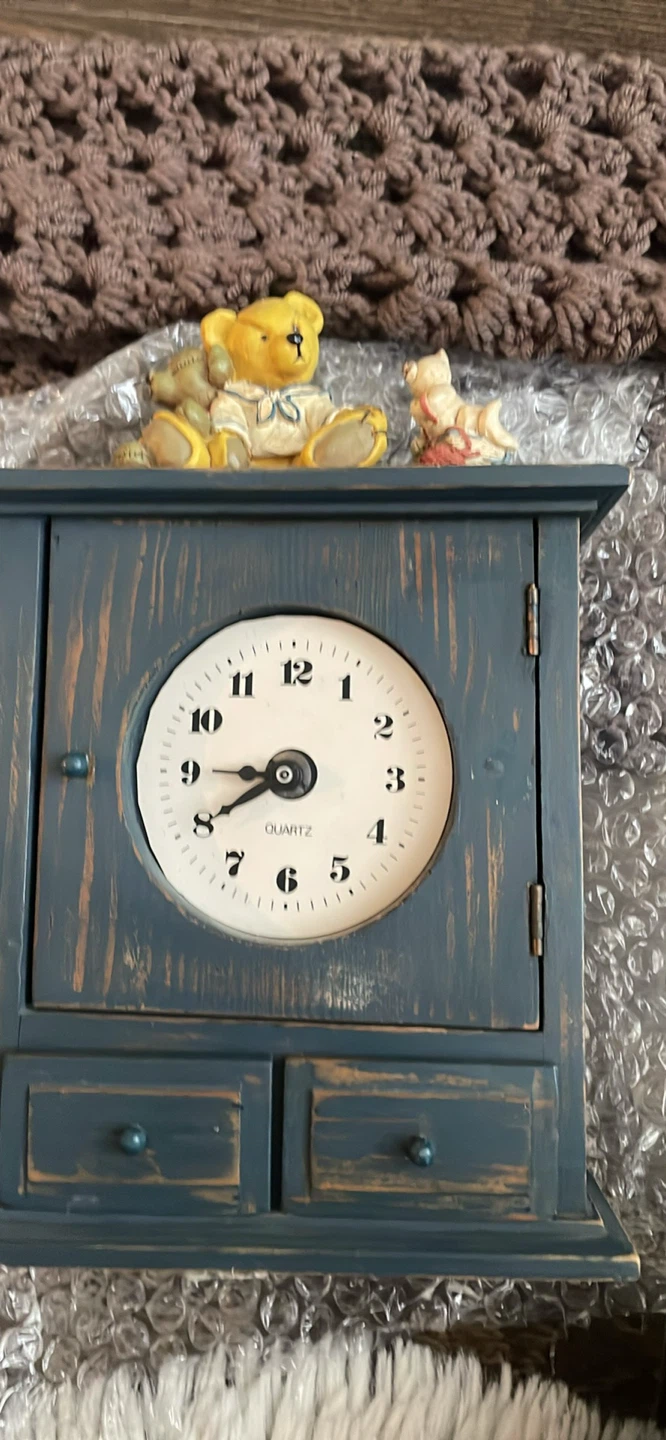 Blue Wooden Wall Clock with Teddy Bear & Dog Figurine