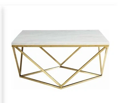 Marble Top Coffee Table with Gold Geometric Base