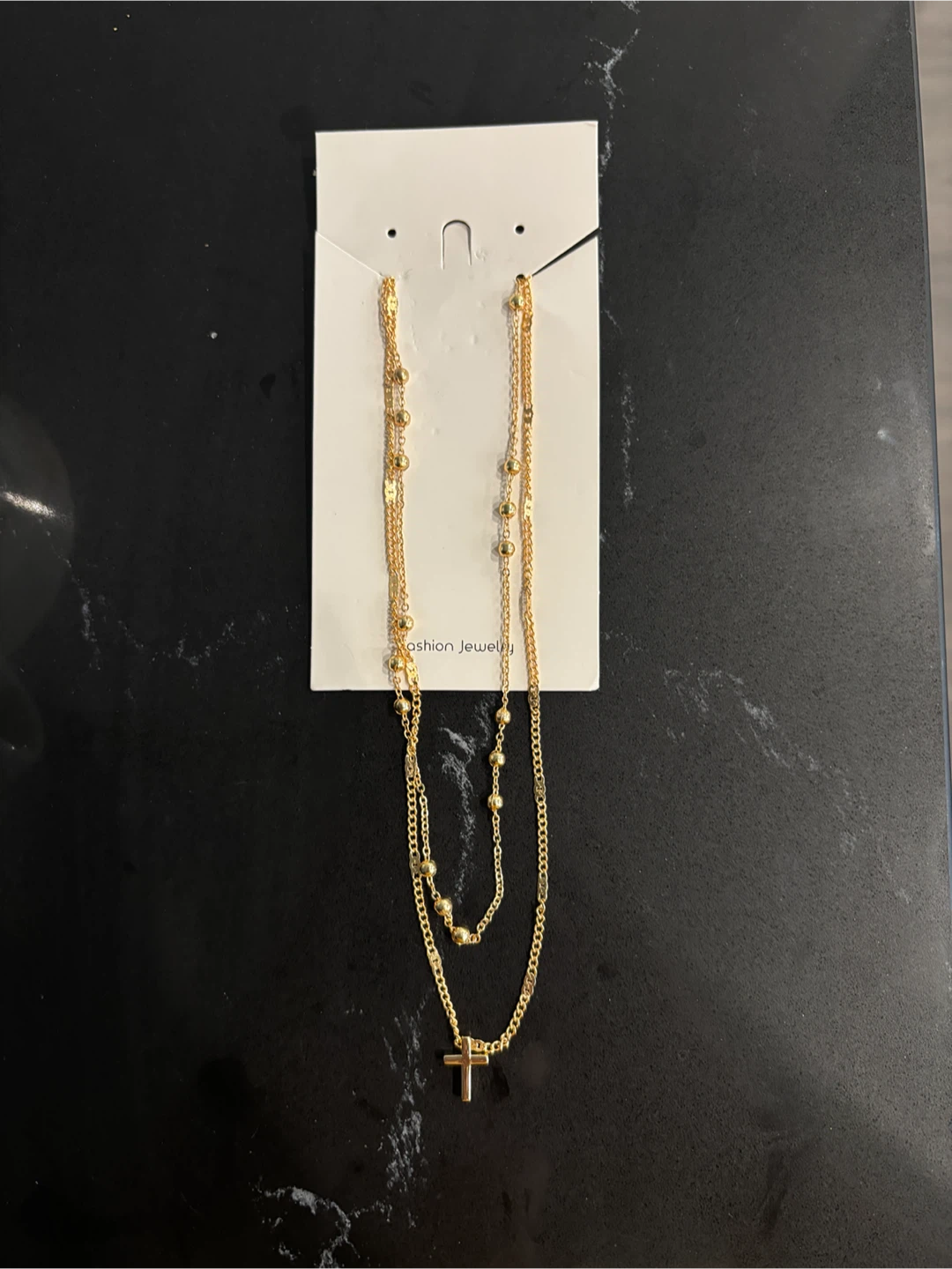 Layered Gold Necklace with Cross Pendant (Costume)