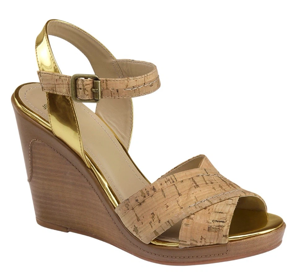Cork & Gold Wedge Sandals (Size 8)