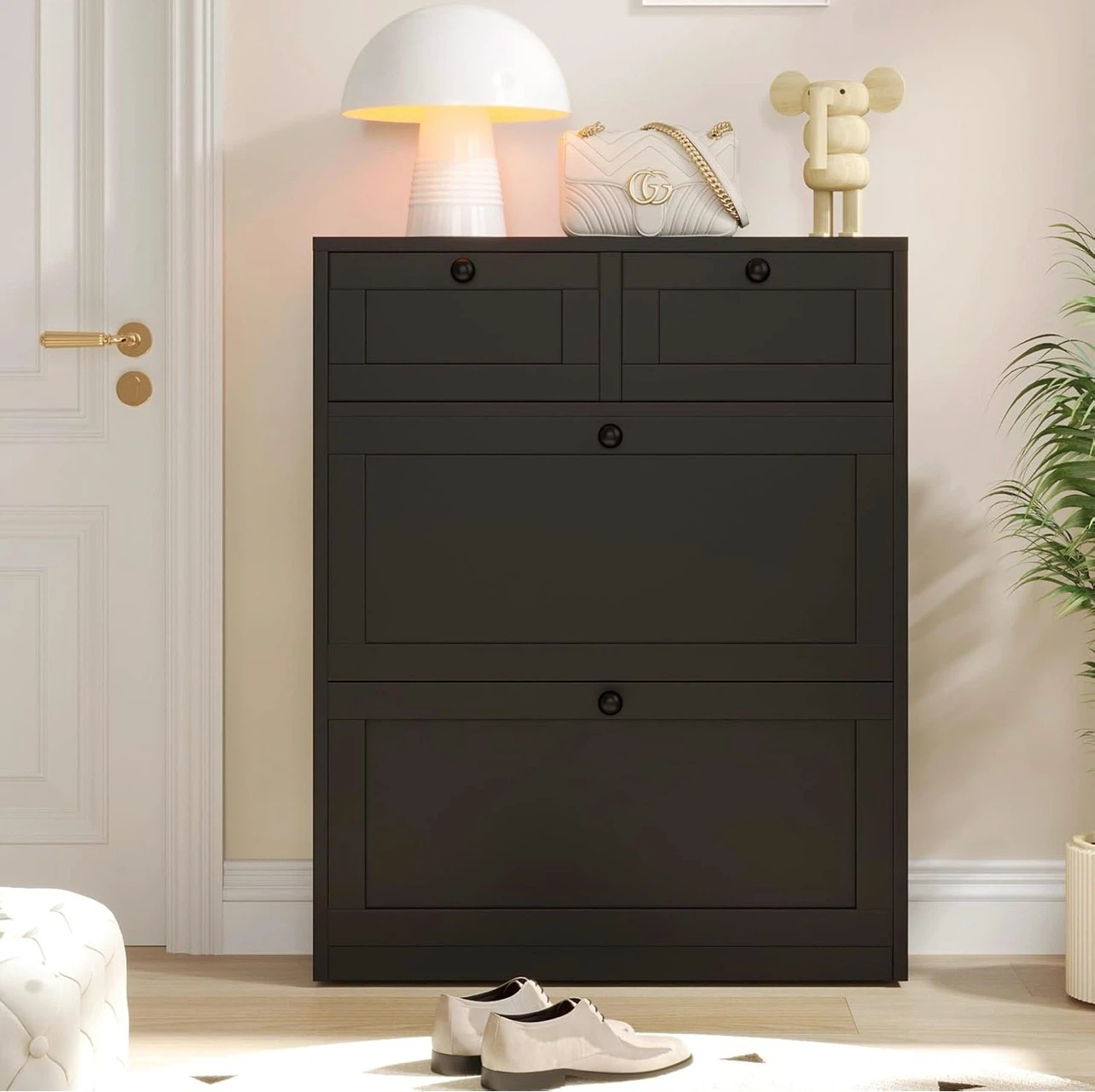 Black 2-Drawer Shoe Cabinet with Flip Doors