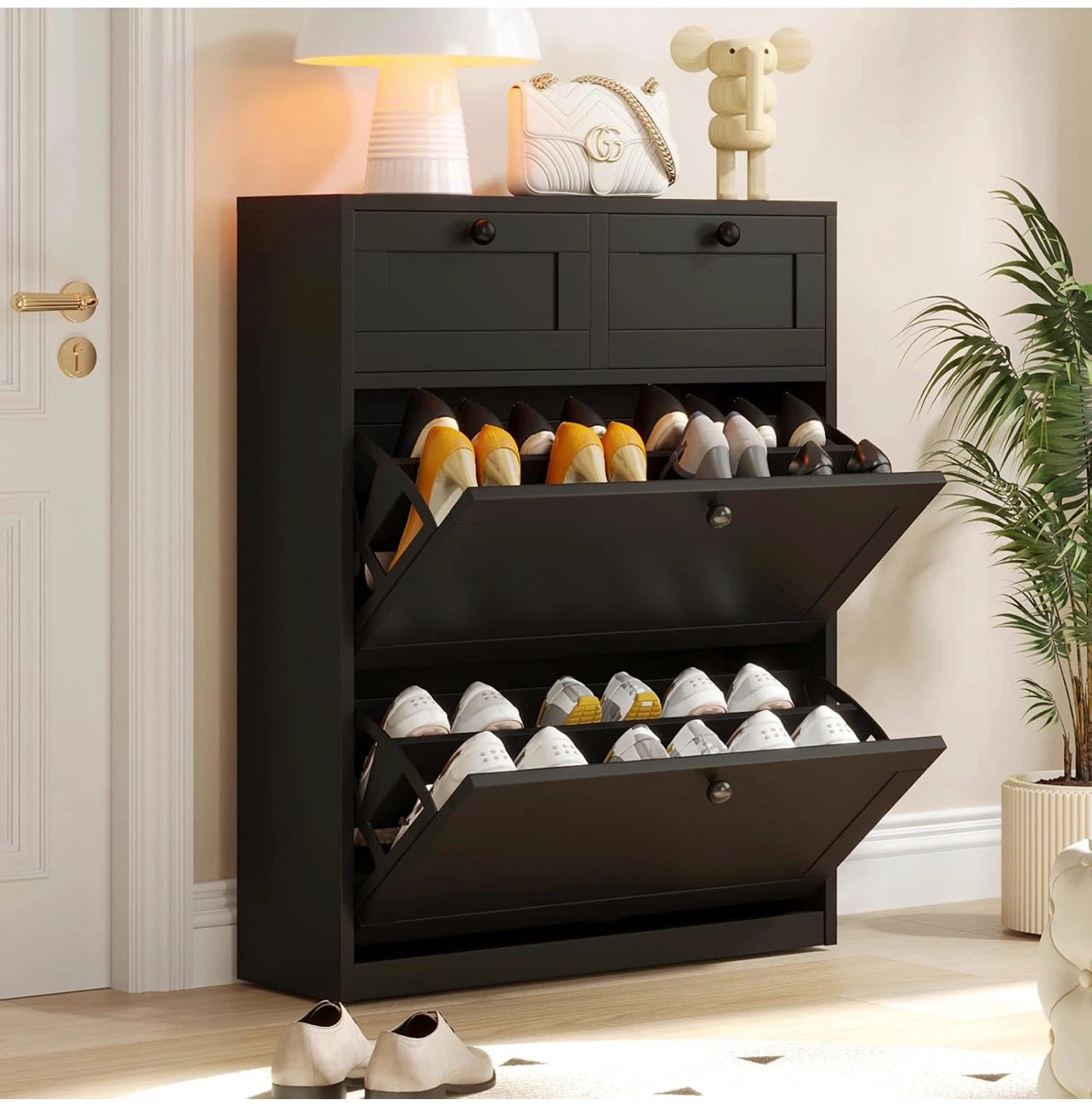 Black 2-Drawer Shoe Cabinet with Flip Doors - photo 2