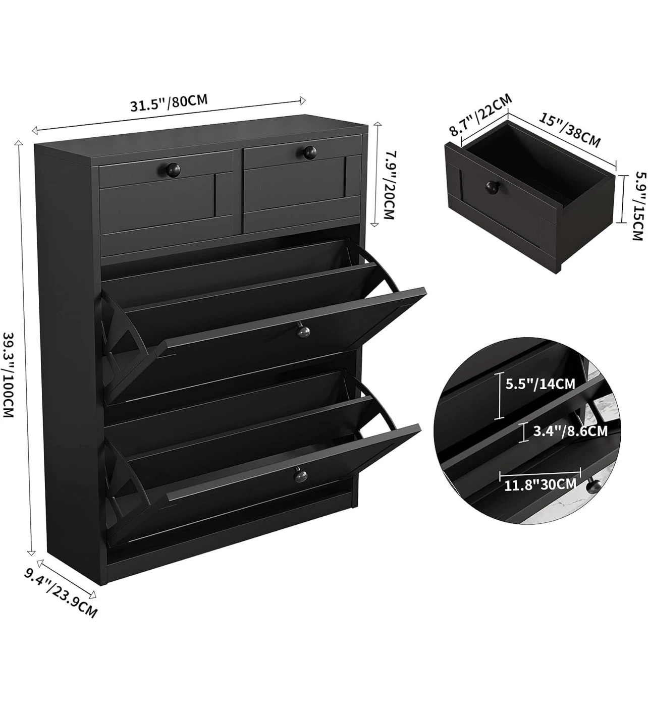 Black 2-Drawer Shoe Cabinet with Flip Doors - photo 3