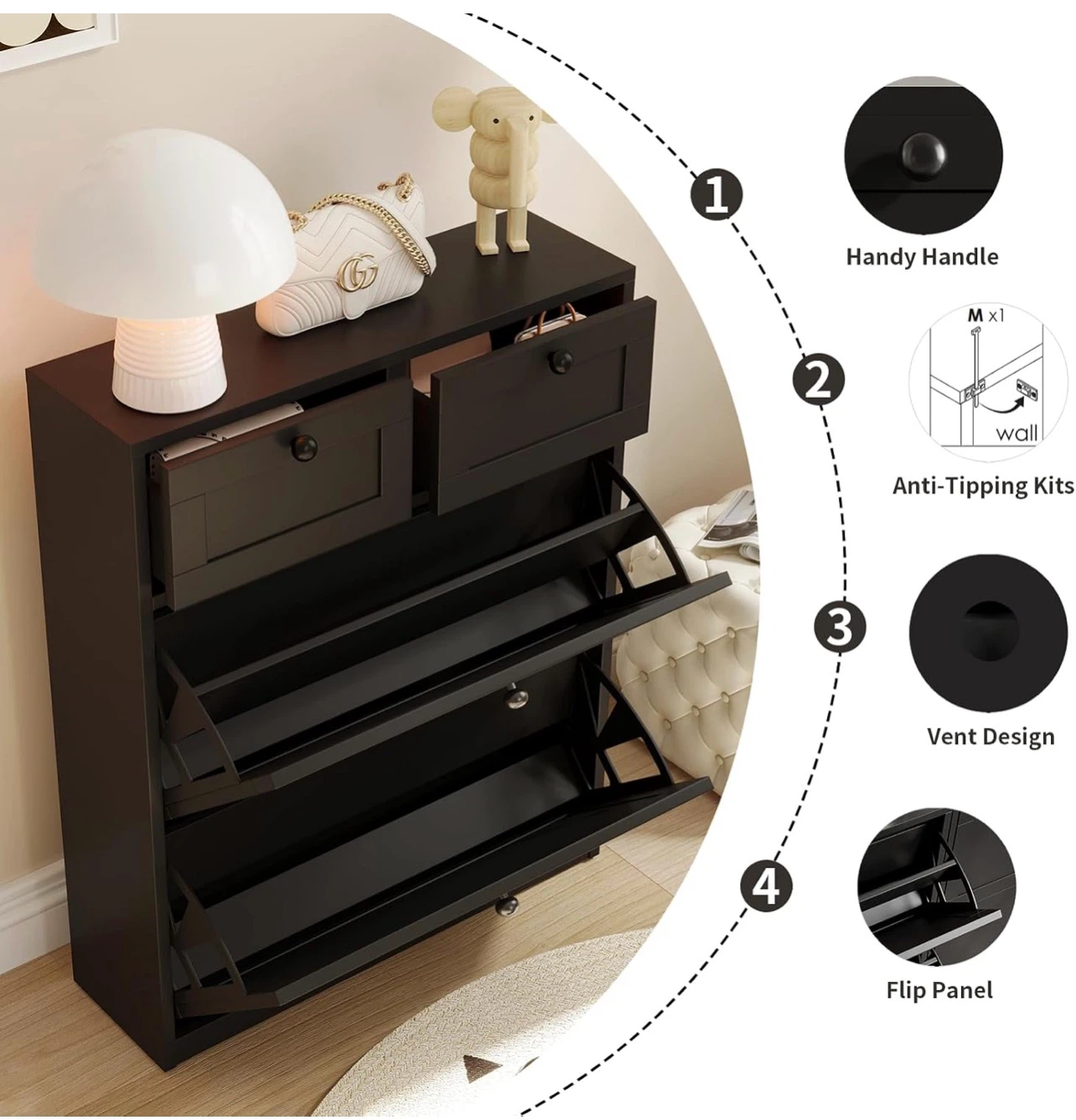 Black 2-Drawer Shoe Cabinet with Flip Doors - photo 4