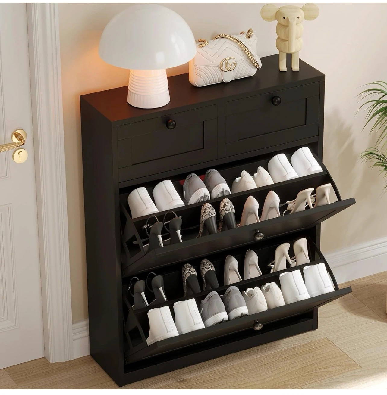 Black 2-Drawer Shoe Cabinet with Flip Doors - photo 5
