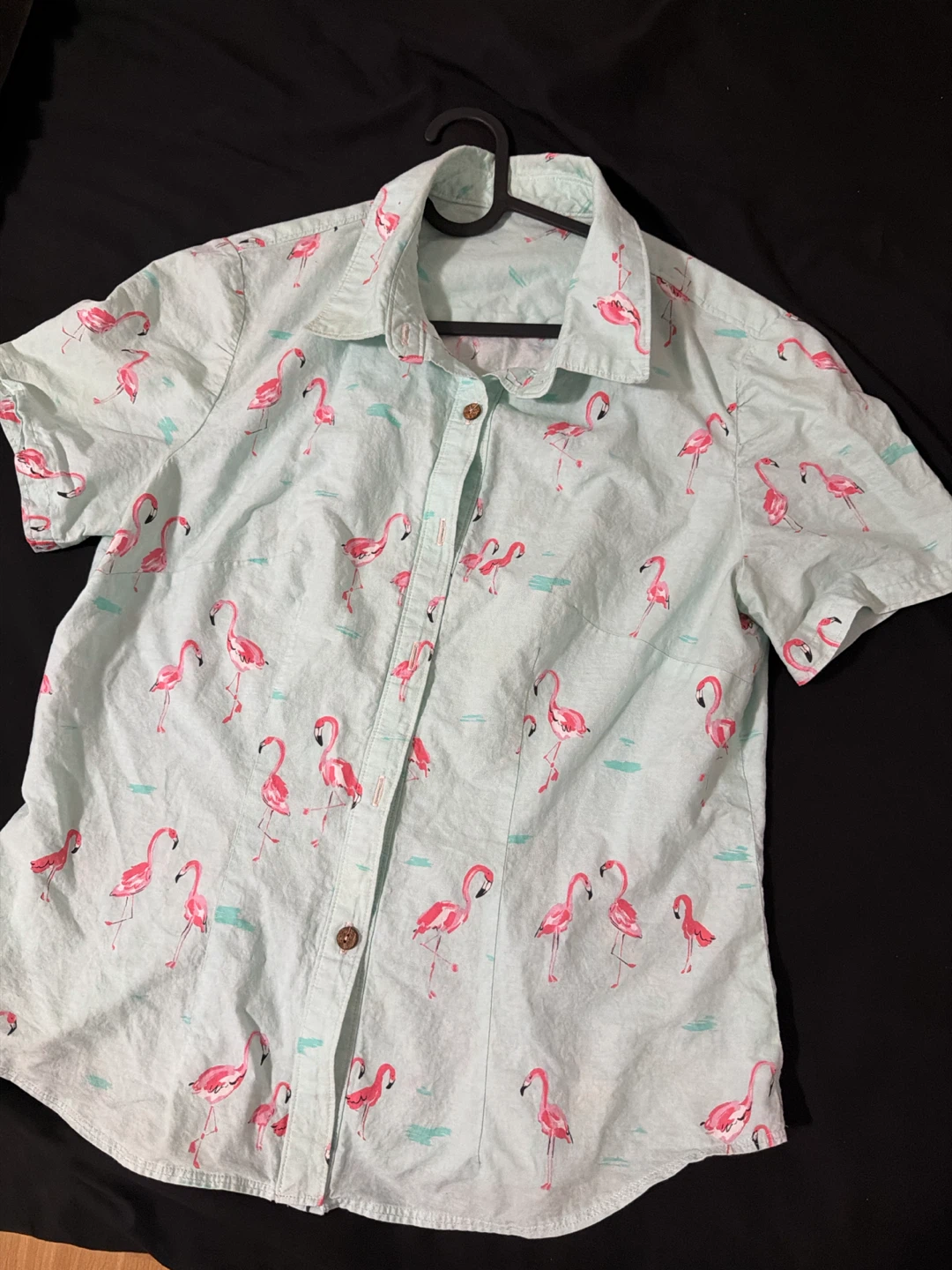 Light Blue Flamingo Print Short Sleeve Button-Up Shirt