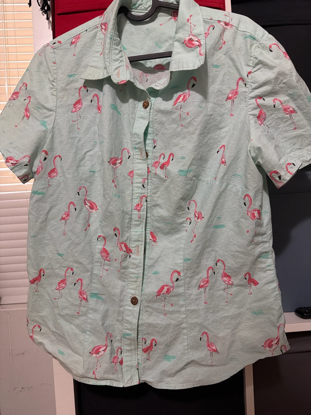 Light Blue Flamingo Print Short Sleeve Button-Up Shirt - photo 2