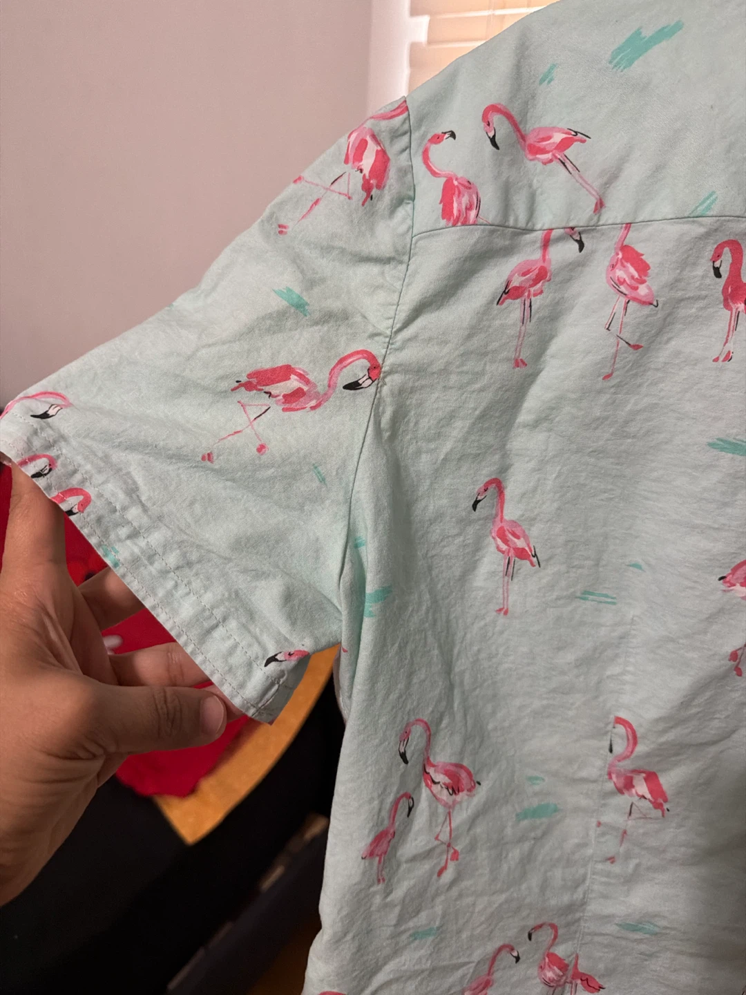 Light Blue Flamingo Print Short Sleeve Button-Up Shirt - photo 4
