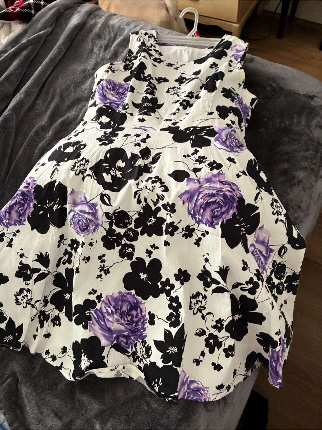 White Floral Dress with Purple and Black Accents