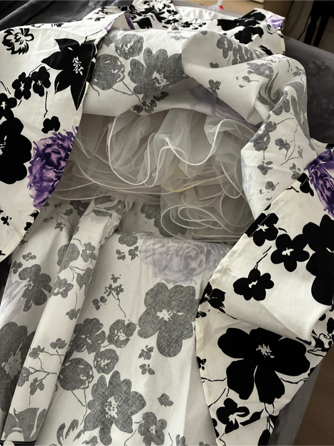 White Floral Dress with Purple and Black Accents - photo 2