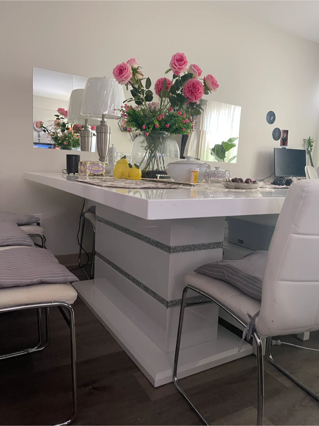 White Dining Table with Mirrored Accents