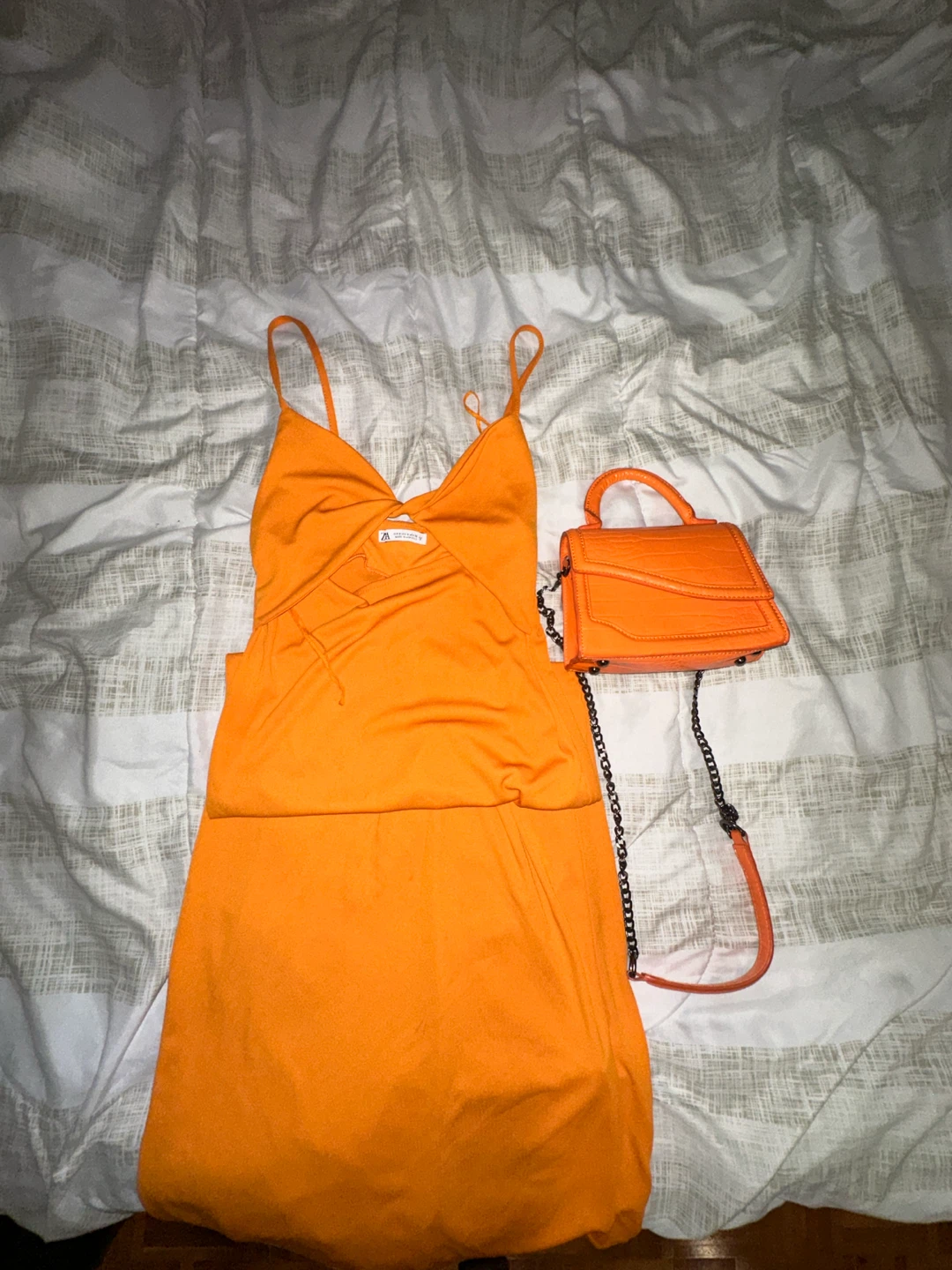 Zara Orange Spaghetti Strap Mini Dress with shoulder bag