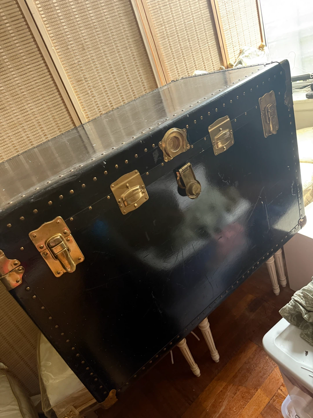 Vintage Black Steamer Trunk with Brass Hardware