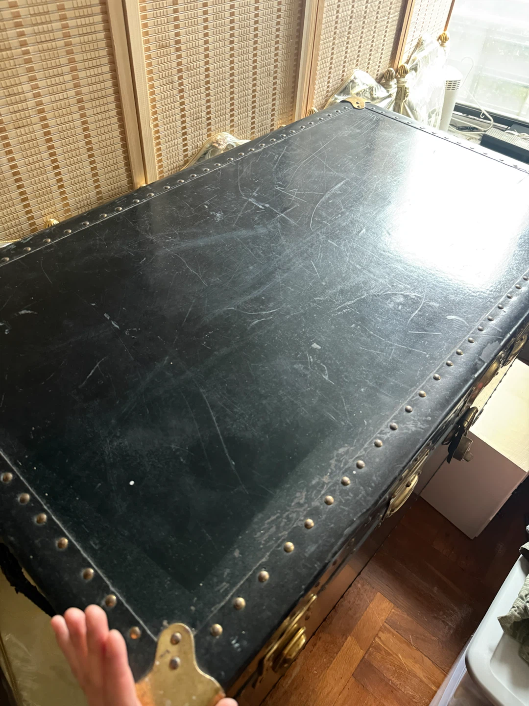 Vintage Black Steamer Trunk with Brass Hardware - photo 2