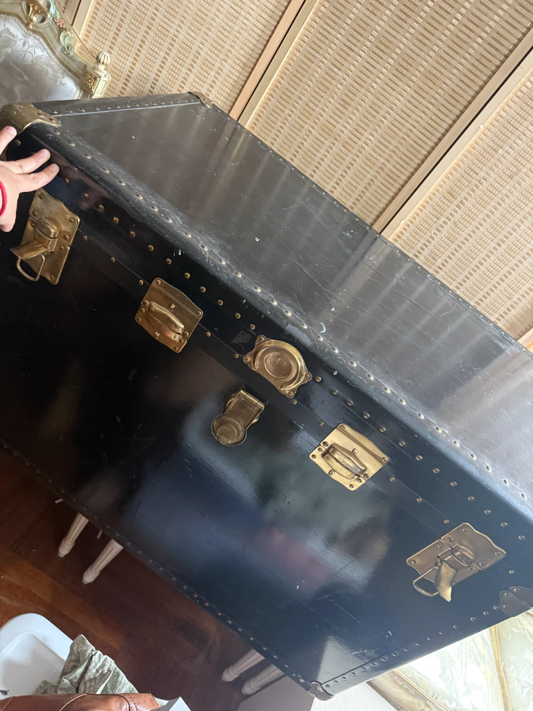 Vintage Black Steamer Trunk with Brass Hardware - photo 4