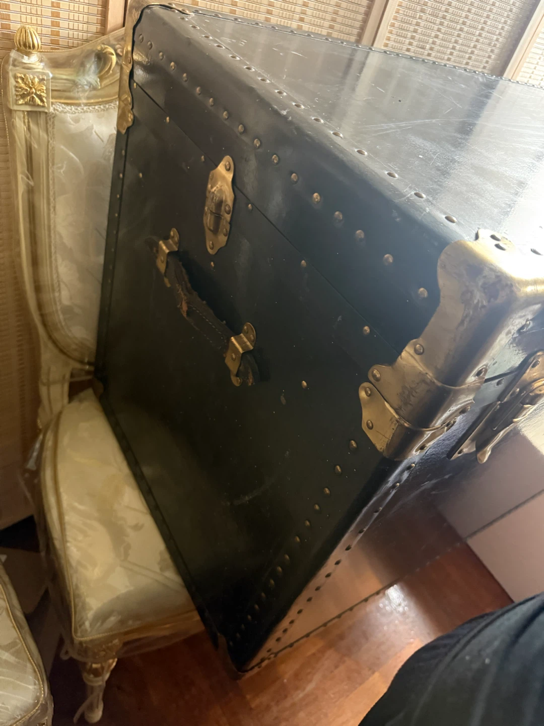 Vintage Black Steamer Trunk with Brass Hardware - photo 5