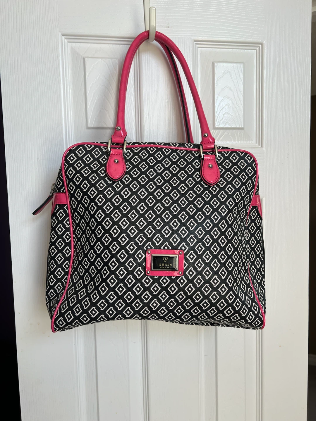 Guess Tote Bag - Black/White Geometric with Pink Accents