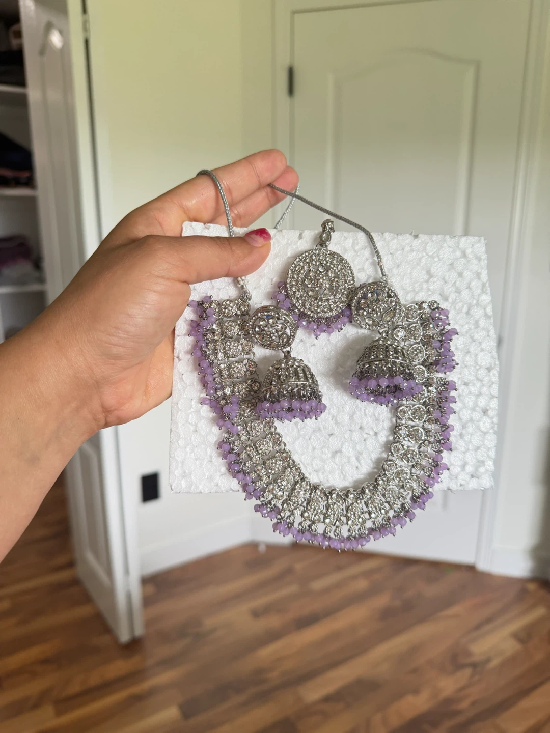 Silver and Purple Beaded Necklace and Earring Set