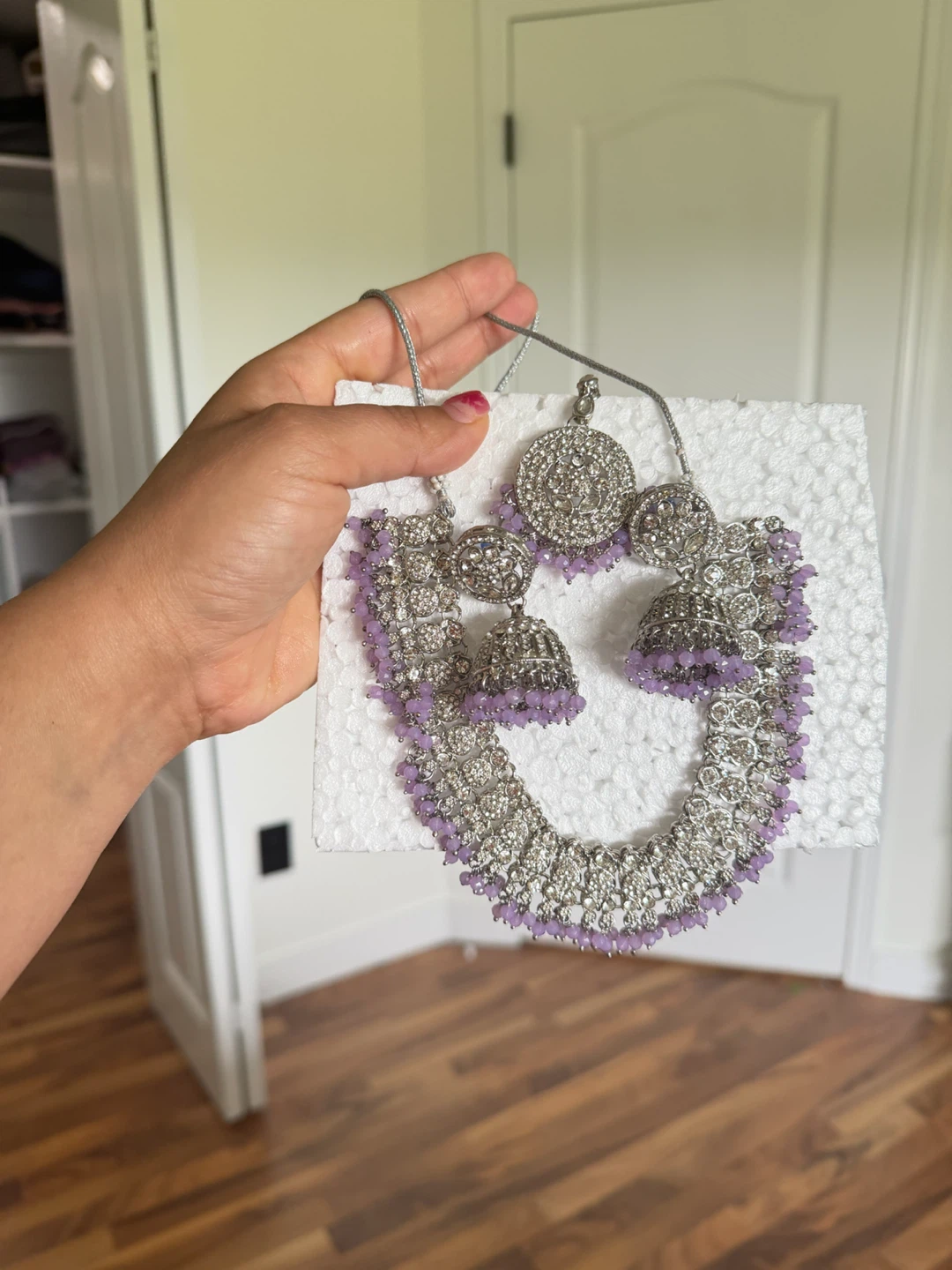 Silver and Purple Beaded Necklace and Earring Set - photo 3