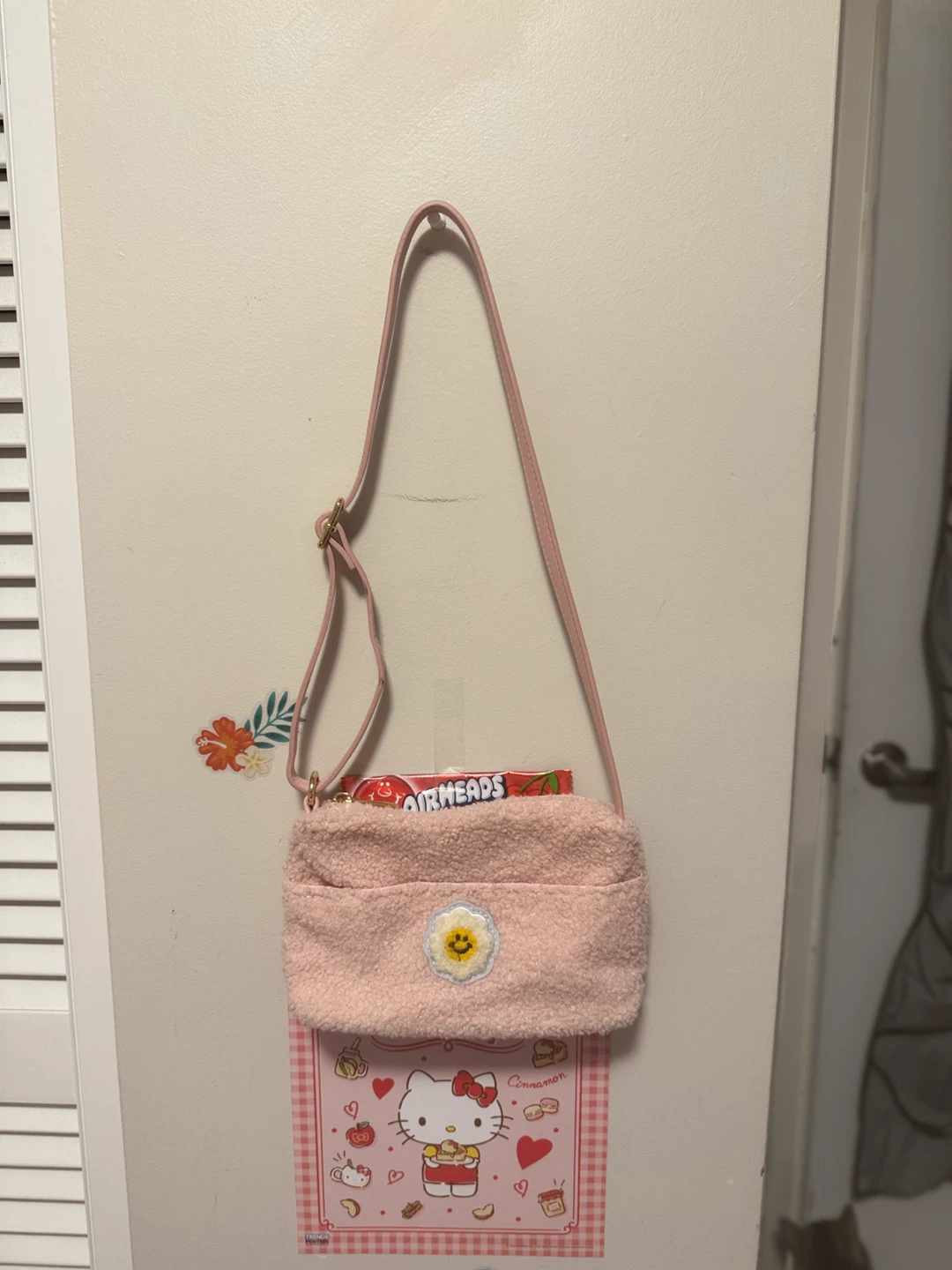 Pink Fuzzy Crossbody Bag with Flower Patch