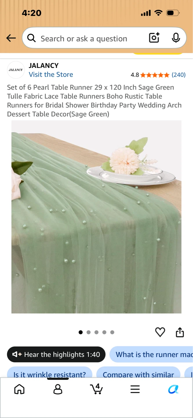JALANCY Set of 6 Sage Green Pearl Table Runners (29 x 120 Inch)